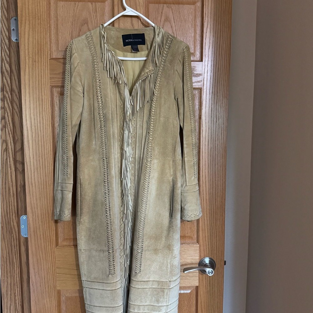 Vintage Victoria’s Secret Moda International Fringe Trim Suede Long Coat - Tan